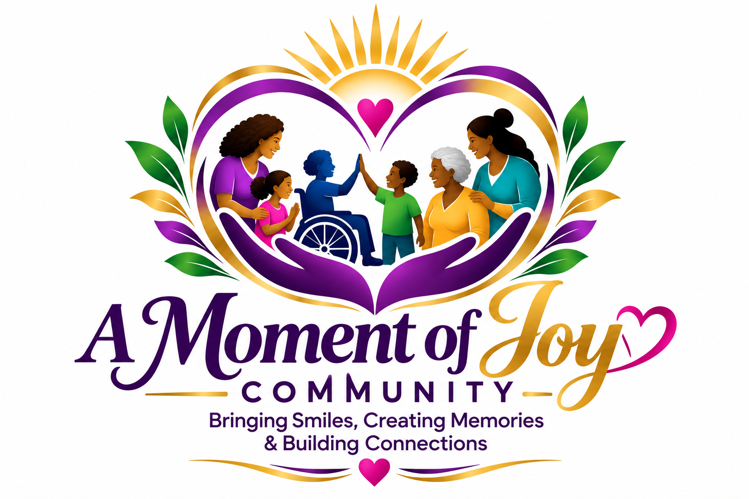 A Moment of Joy Community logo featuring an inclusive gathering inside a heart supported by caring hands